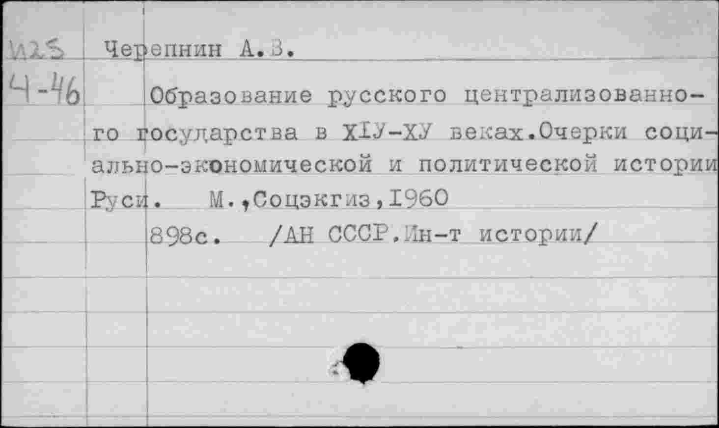 ﻿		епнин А. В.
Ч-'/б		Образование русского централизованно-
	ГО I	'осударства в ХРУ-ХУ веках.Очерки соци-
	ально-экономическои и политической истории	
	Рус?	. М.«Соцэкгиз,1960
893с. /АН СССР,Ин-т истории/